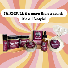 Happy Hippie product lineup with text 'Patchouli: it's more than a scent; it's a lifestyle!' on a colorful background