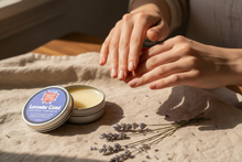 Lavender hand balm lifestyle - hands applying with product