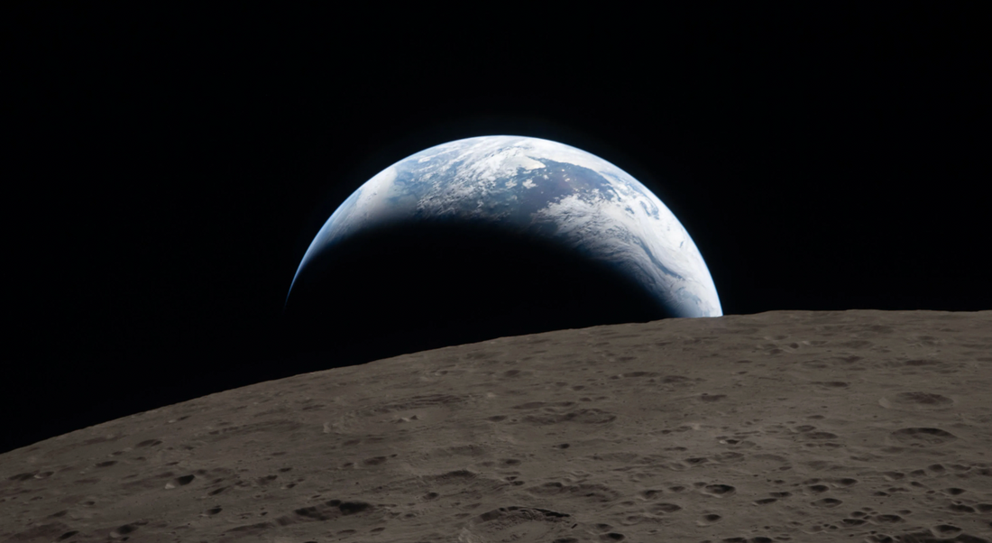 Earthset photographed by NASA's Artemis II crew on April 6, 2026, showing a crescent Earth setting behind the Moon's rugged surface from 252,756 miles away