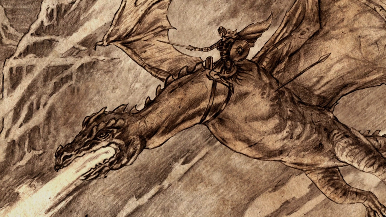 Sepia tone drawing of a woman riding a fire-breathing dragon