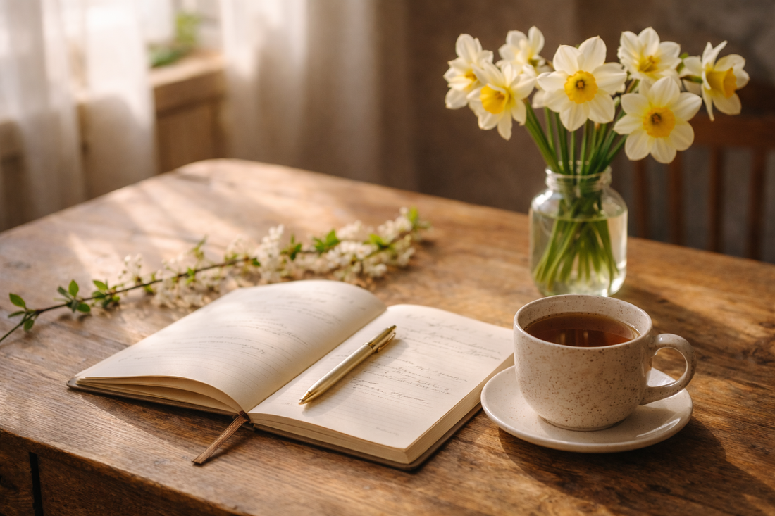spring ritual journaling with tea and notebook for setting intentions mood indigo living