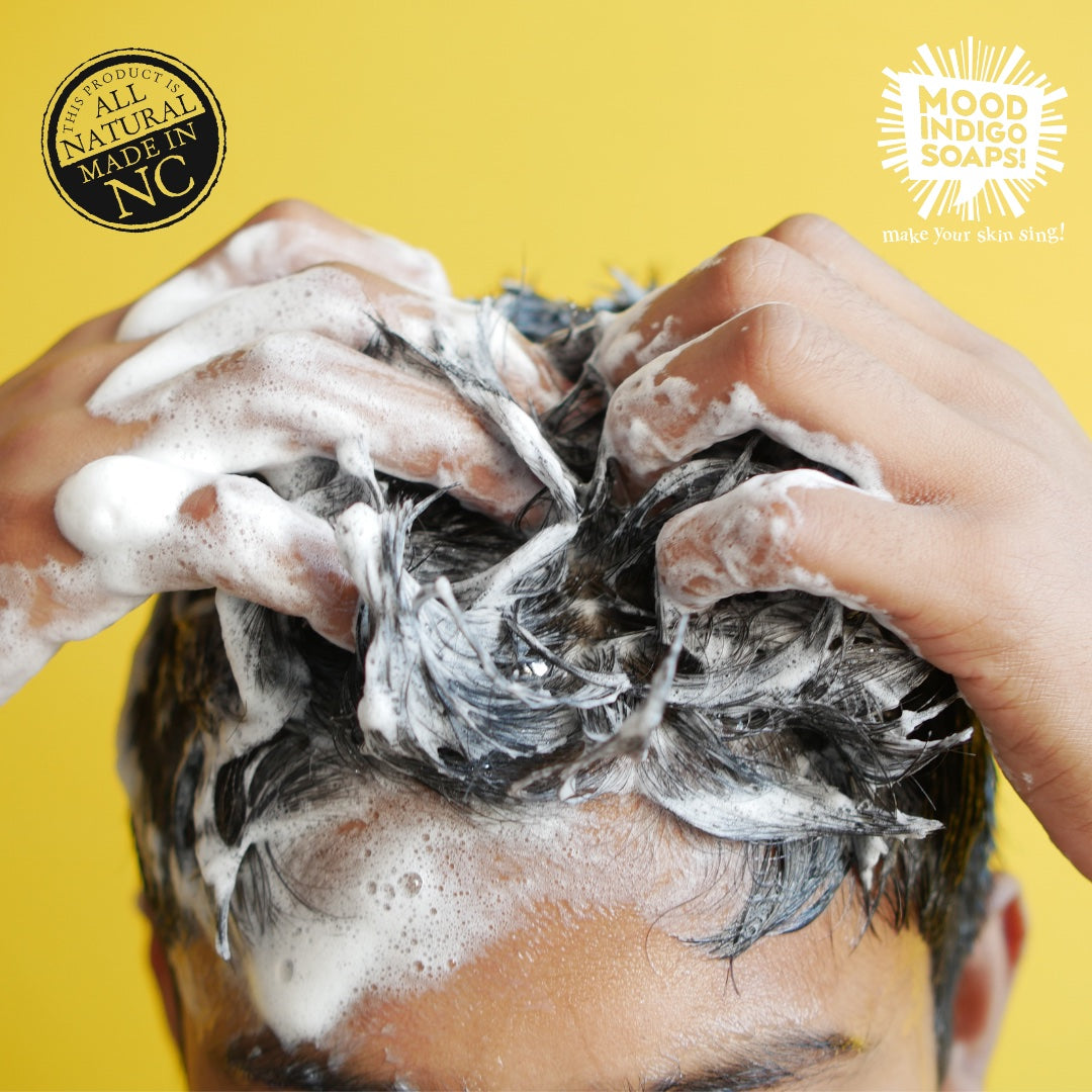 Sudsy hair from using a Mood Indigo shampoo bar.