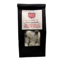 Black bag of Citrus Loo Bombs with a label on a white background to freshen the toilet