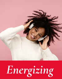 Woman with headphones on a pink background with 'Energizing' collection text 