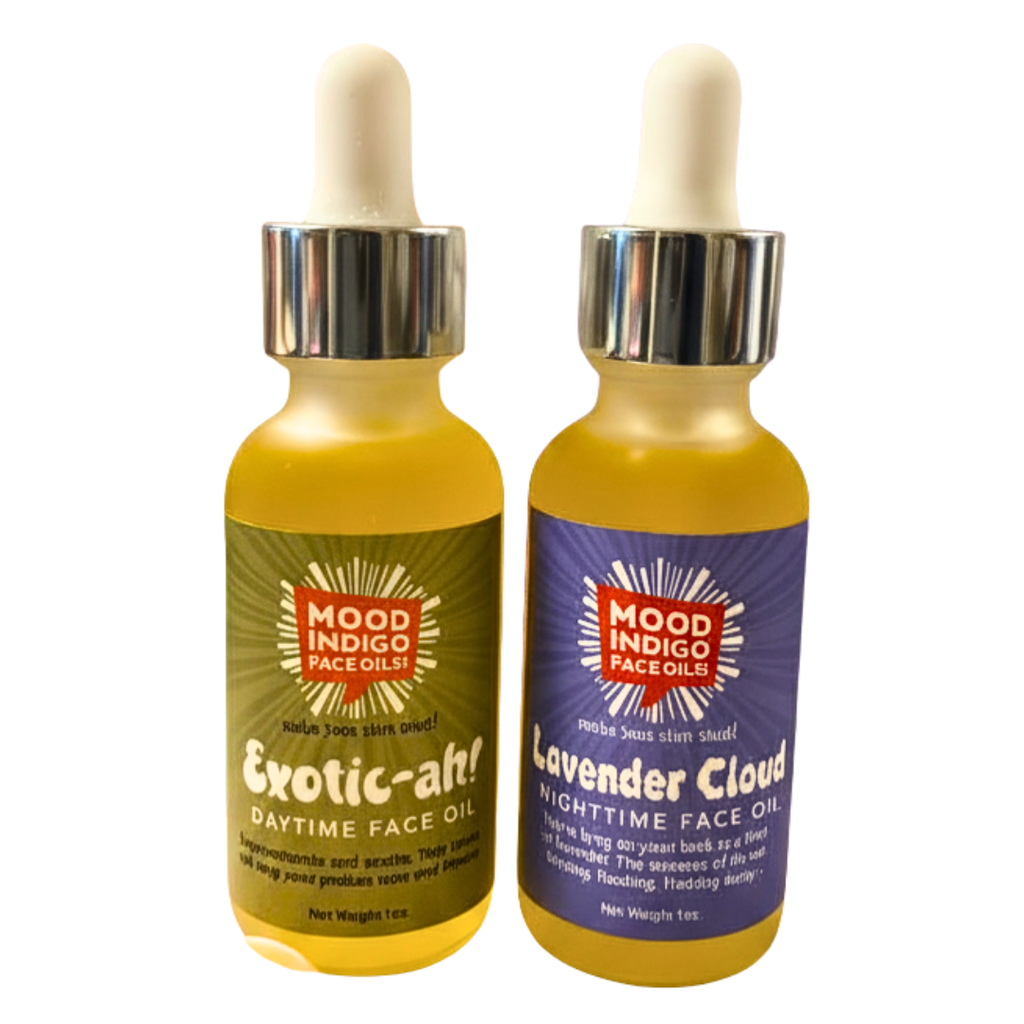 Two bottles of Mood Indigo natural face oil set with droppers on a white background.