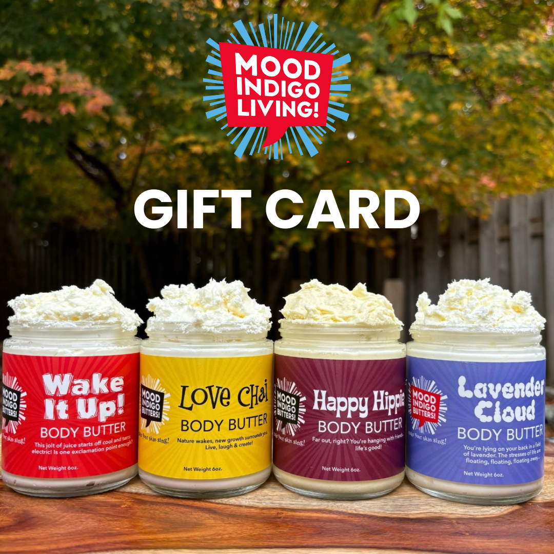 Four jars of Mood Indigo Living body butter with a gift card overlay on a wooden surface.
