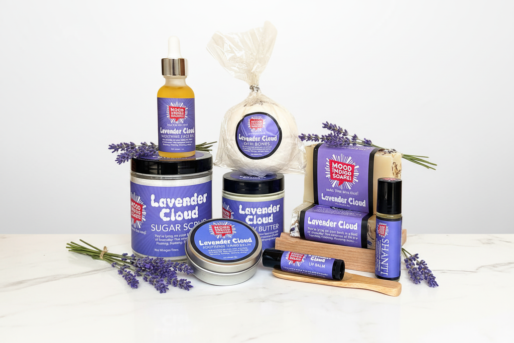 Lavender Relax and Restore Deluxe Gift Set premium natural skincare with fresh lavender in bright airy spa setting for relaxation and restoration
