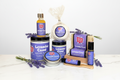 Lavender Relax and Restore Deluxe Gift Set premium natural skincare with fresh lavender in bright airy spa setting for relaxation and restoration