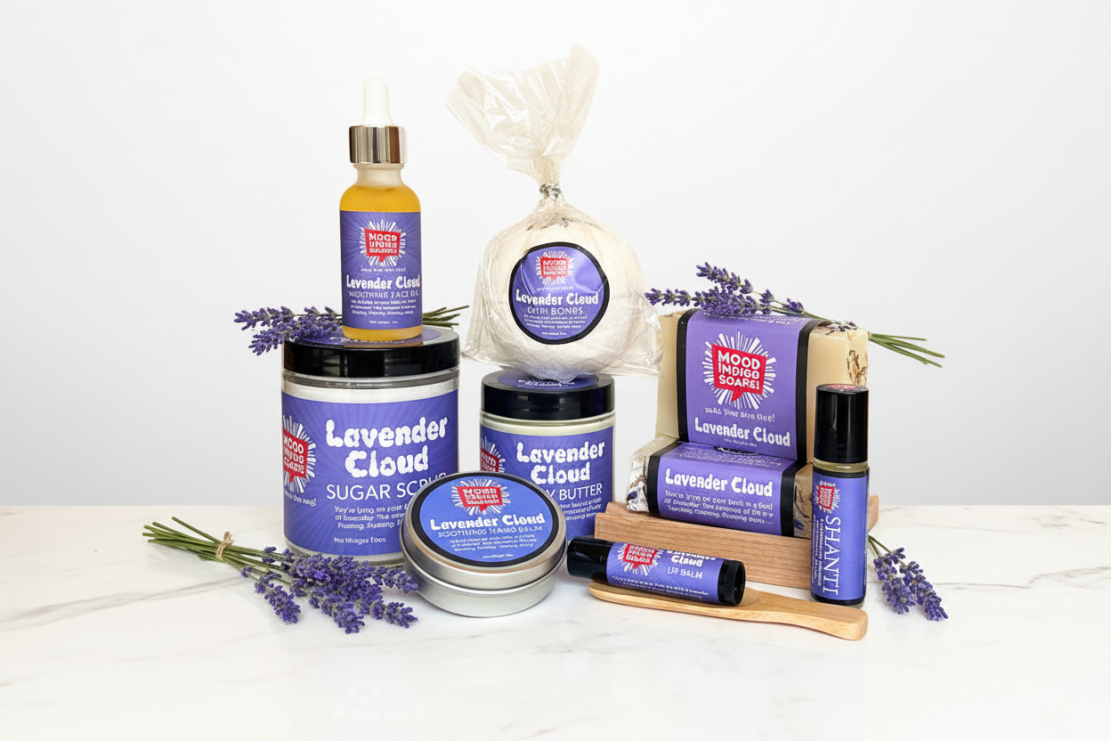 Lavender Relax and Restore Deluxe Gift Set premium natural skincare with fresh lavender in bright airy spa setting for relaxation and restoration