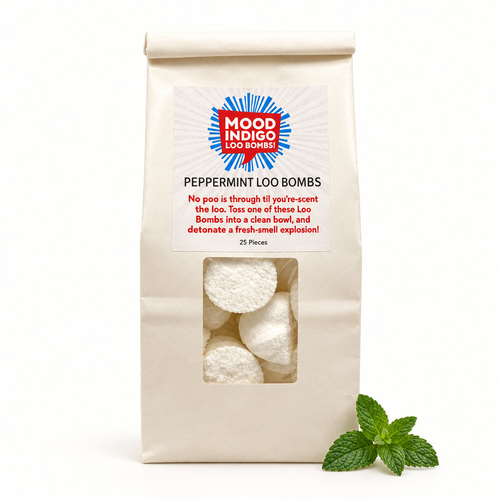 Mood Indigo Peppermint Loo Bombs 25-pack in a cream bag with a clear window and fresh mint on a white background.