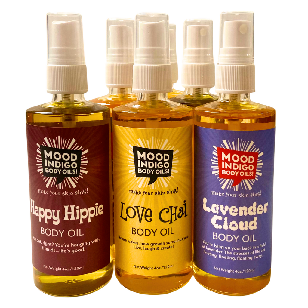 A mix of mood Indigo's natural, light-weight body oils for all skin types. Moisturizing and hydrating