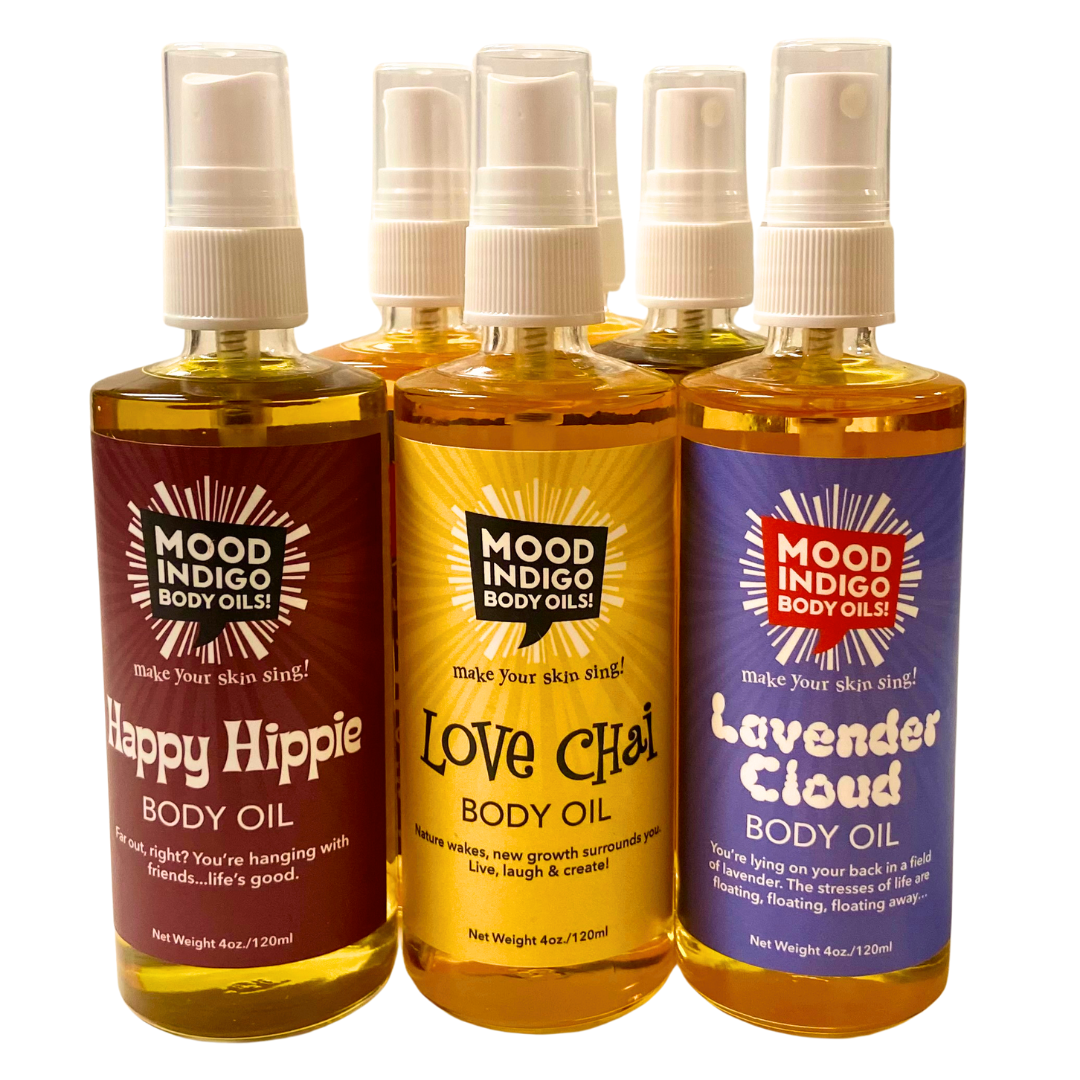 A mix of mood Indigo's natural, light-weight body oils for all skin types. Moisturizing and hydrating