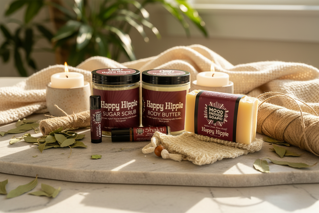 Patchouli Essentials Bundle 6-piece self-care set arranged on natural wood surface with dried patchouli leaves, candles, and soft textiles in a spa-inspired bohemian luxury setting