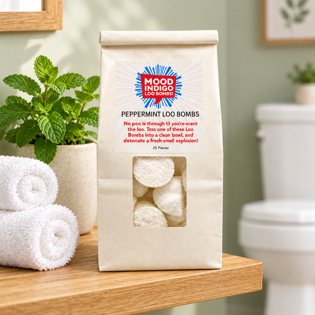 Mood Indigo Peppermint Loo Bombs 25-pack on an oak bathroom shelf beside rolled white towels and a potted mint plant.