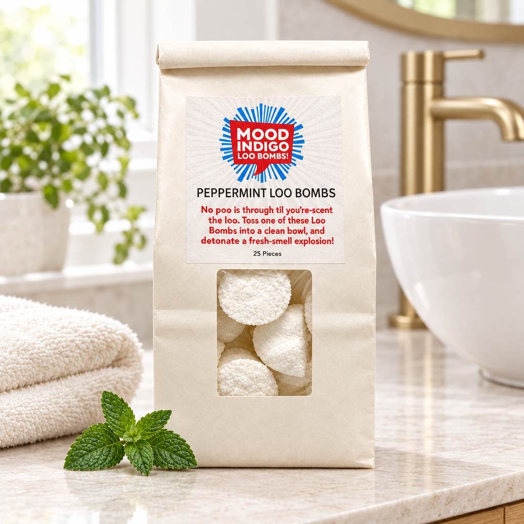 Mood Indigo Peppermint Loo Bombs 25-pack on a bathroom vanity beside fresh mint, folded towels and a white sink.