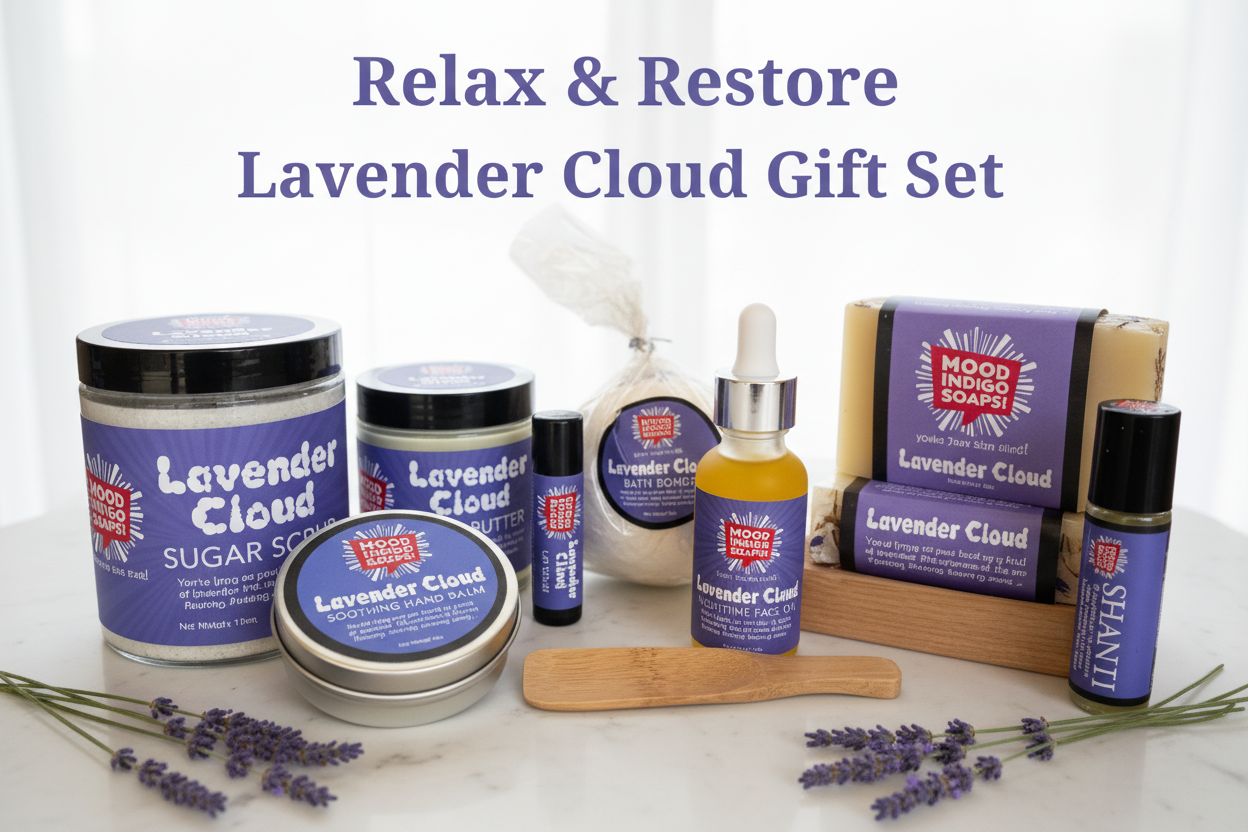 Lavender Relax and Restore Deluxe Gift Set natural skincare products arranged on clean surface with fresh lavender sprigs in spa-inspired bohemian luxury setting