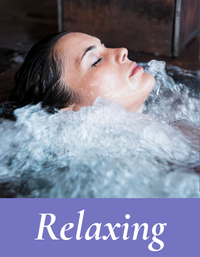 Woman relaxing in a bubble bath with the word 'Relaxing' collection displayed.