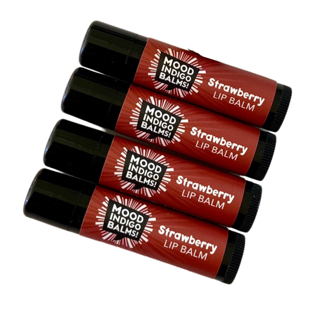 Strawberry lip balm for luscious lips. Mood Indigo Lip Balms for soft, hydrated, kissable lips