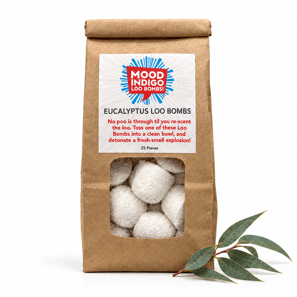 Eucalyptus Loo Bombs product photo in brown bag. Toilet freshener