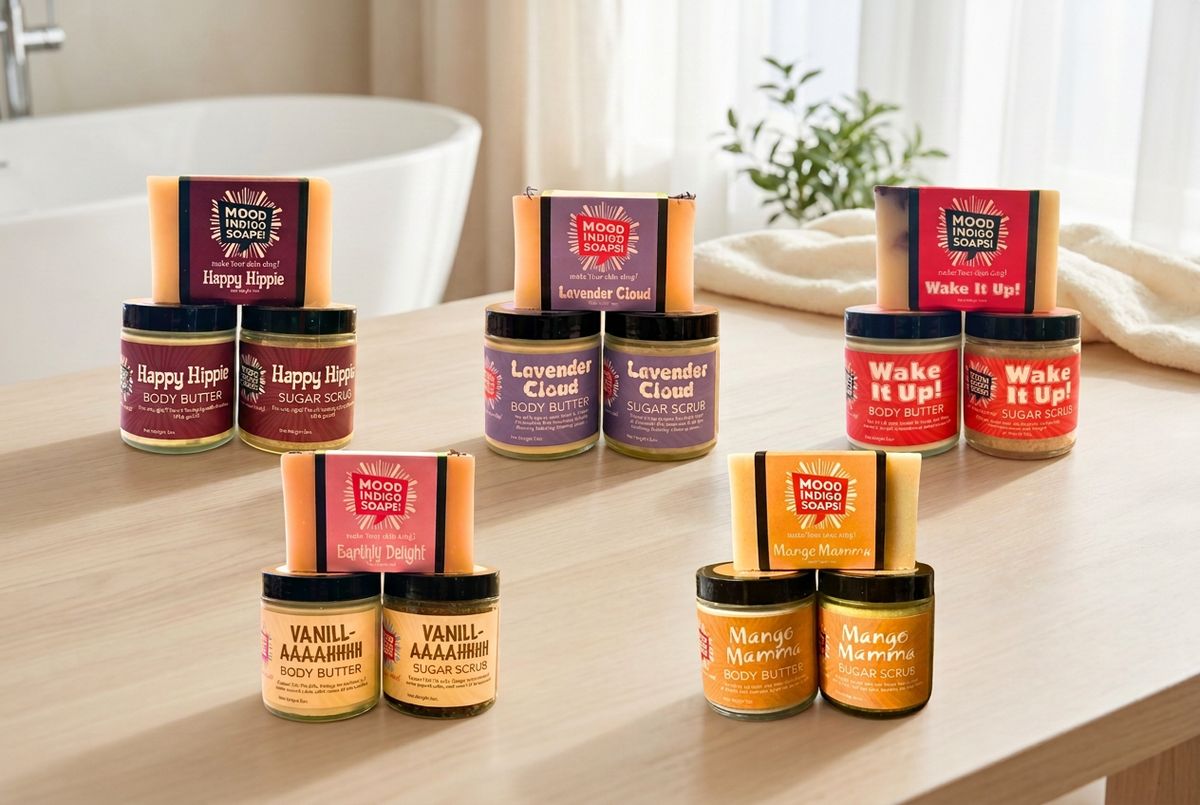 Five Mood Indigo self-care gift sets with body butter, sugar scrub and soap, arranged on a sunlit wooden table.