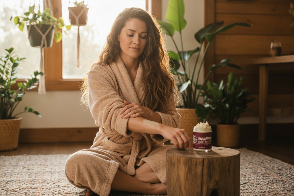 Bohemian woman in spa robe applying Mood Indigo Happy Hippie whipped patchouli body butter in natural light setting
