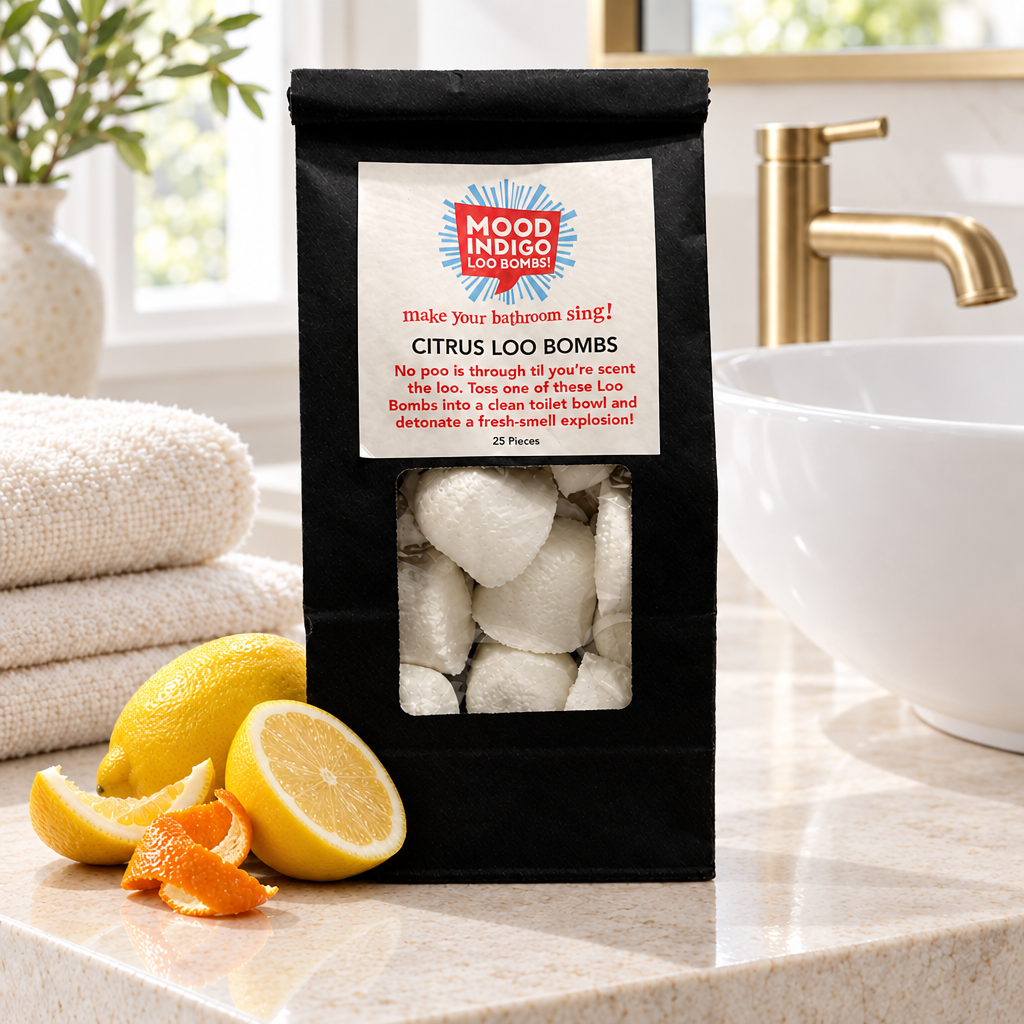 Mood Indigo Citrus Loo Bombs 25-pack on a bathroom vanity beside lemons, orange peel, folded towels and a white sink.