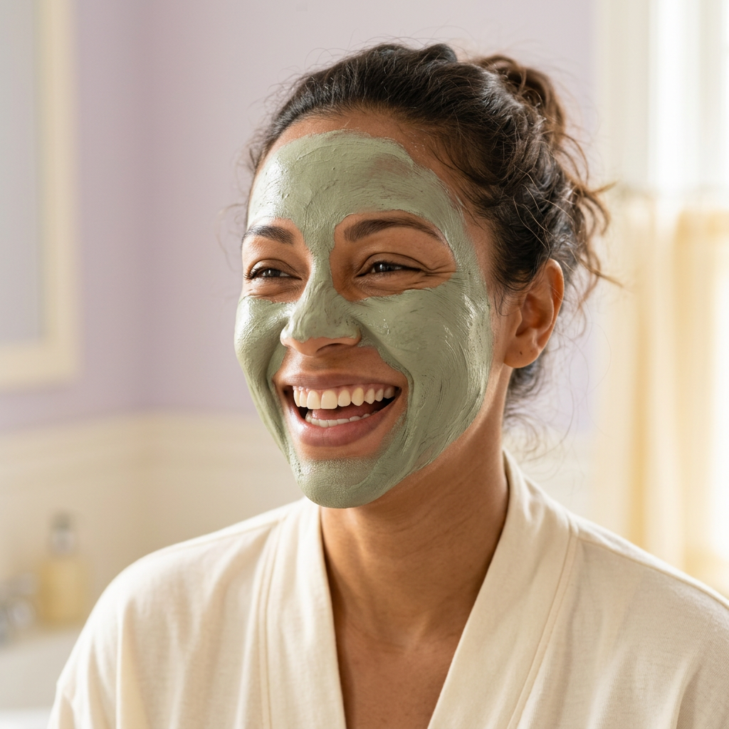 Woman laughing while wearing a sage-green clay face mask and an ivory robe in a sunlit bathroom.