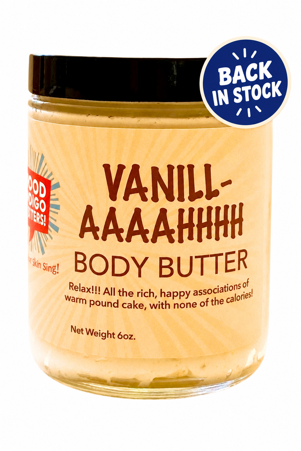 Mood Indigo Living Vanilla Body Butter jar with an indigo Back in stock sticker on a white background.