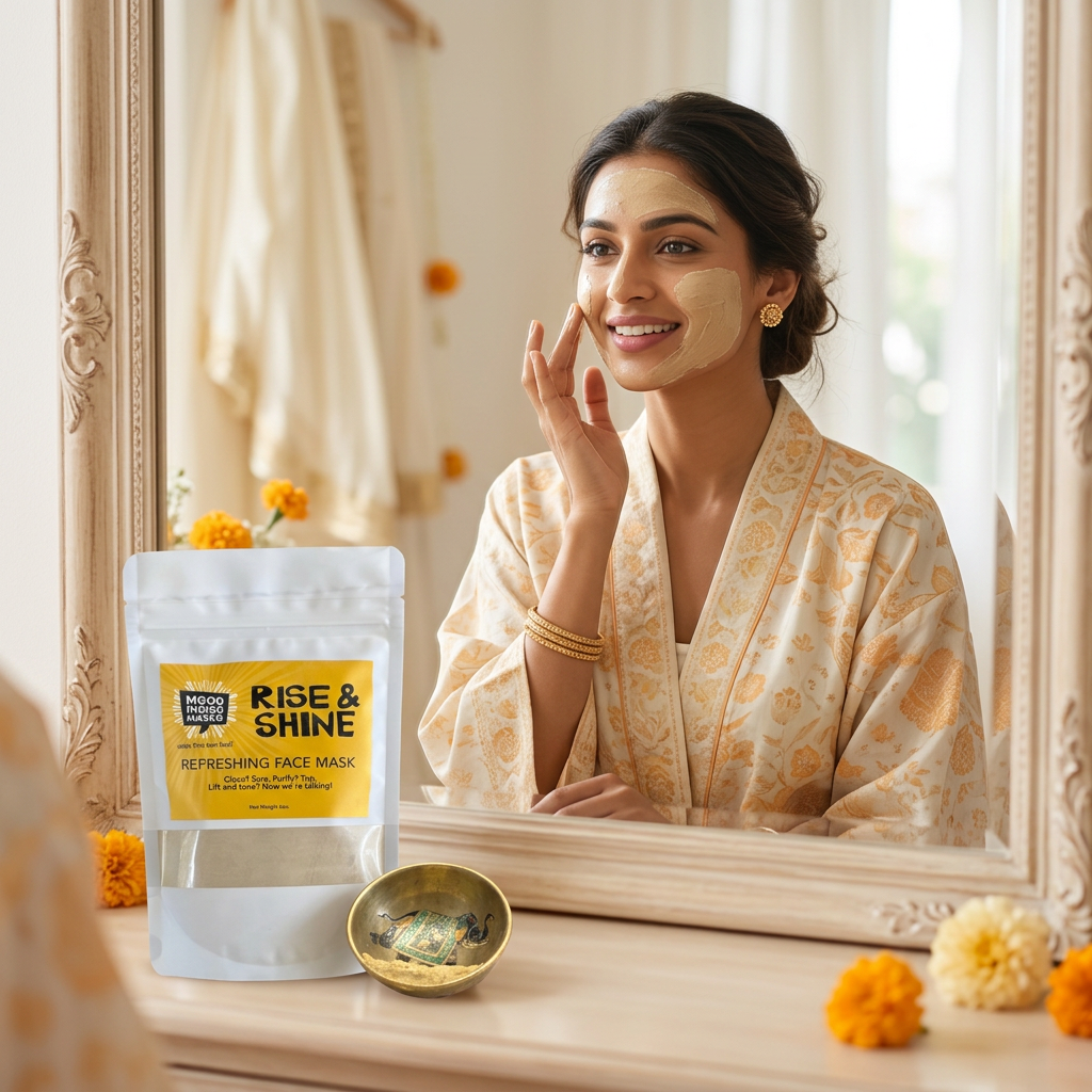Indian bride applying a clay face mask beside a Mood Indigo Rise & Shine pouch and brass mixing bowl on a sunlit vanity.