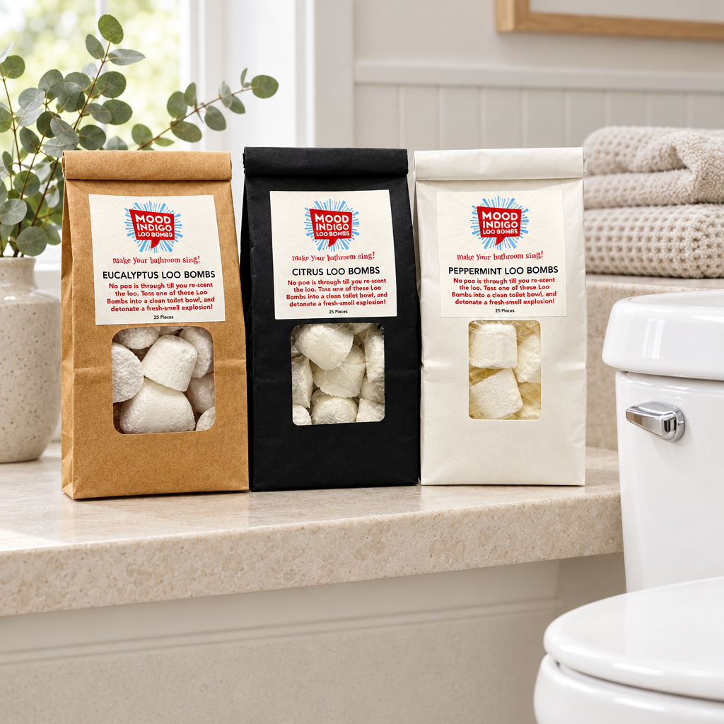Loo Bombs real packaging in a bright spa-inspired bathroom