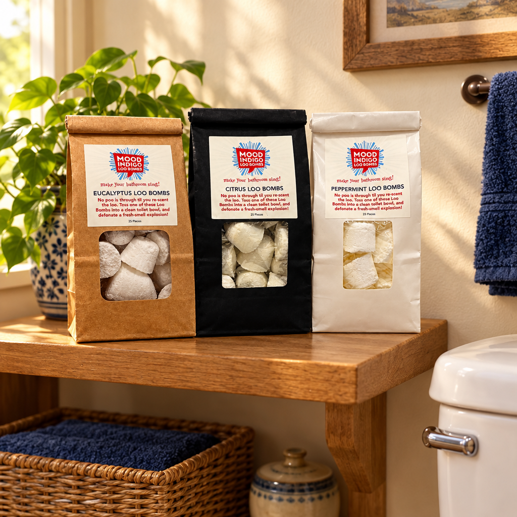 Loo Bombs real packaging in a cozy guest bathroom