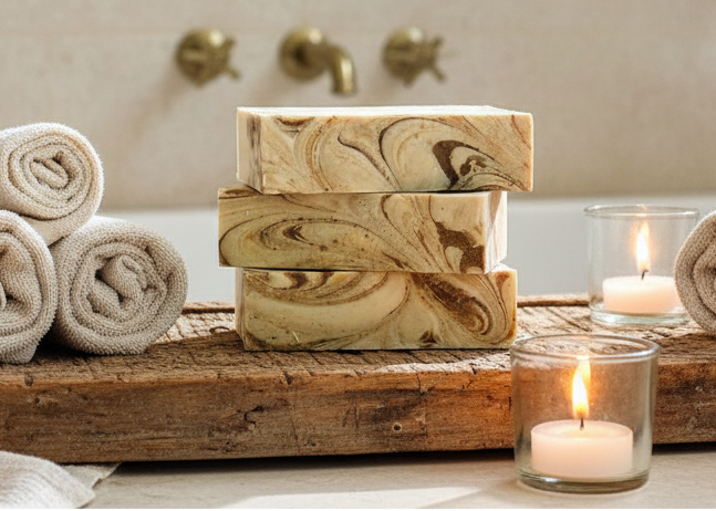 Small-batch vegan blueberry lavender matcha soap with essential oils on a piece of wood with candles
