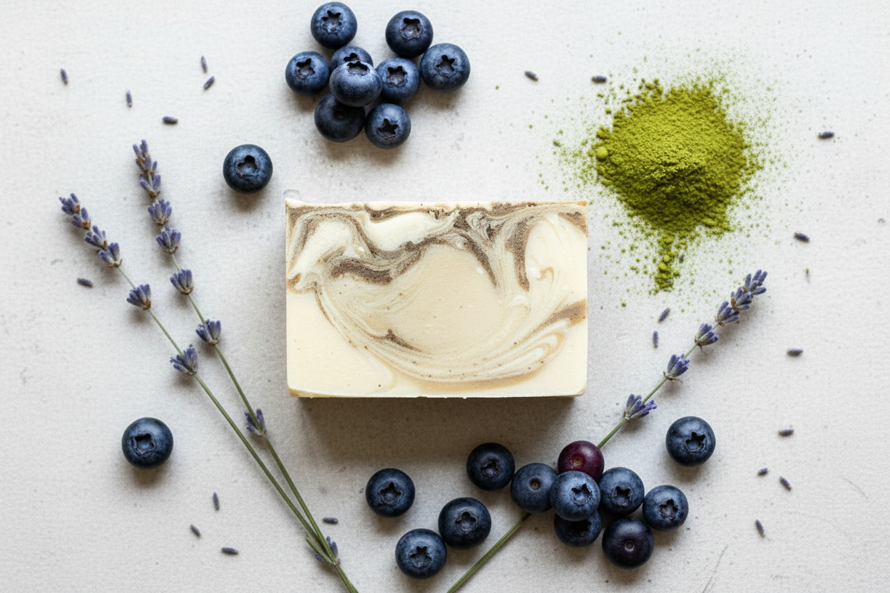 Matcha Made in Heaven - Soap Forward Flat Lay with Blueberries, Matcha powder and lavender stems
