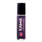 Roll bottle of alluring and exotic Kama essential oil perfume on white background