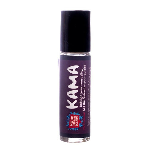 Roll bottle of alluring and exotic Kama essential oil perfume on white background