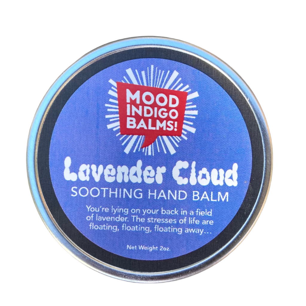 Mood Indigo's Lavender Cloud soothing hand balm tin on a white background