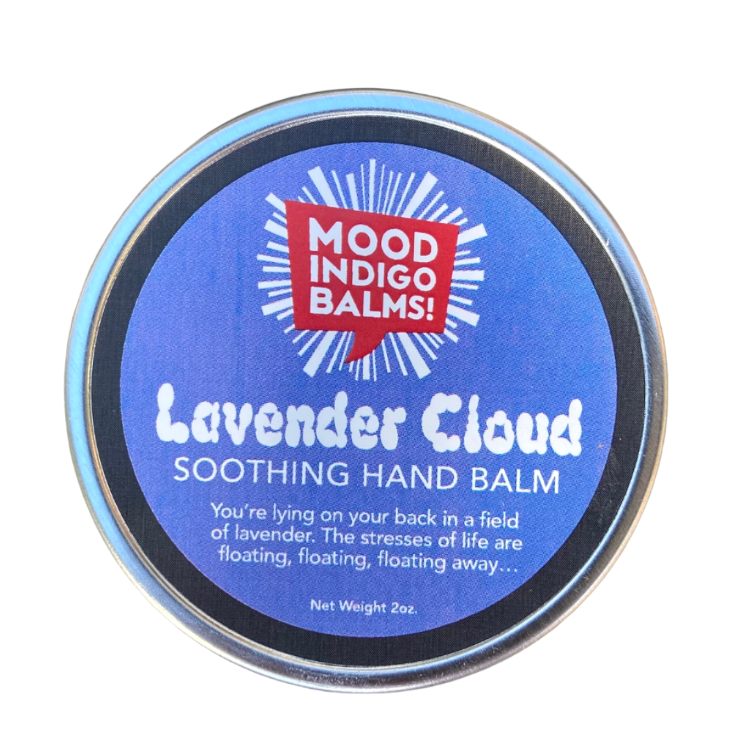 Mood Indigo's Lavender Cloud soothing hand balm tin on a white background