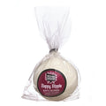 Moisturizing Patchouli Bath Bomb with essential oils in a compostable wrapper with a Mood Indigo logo and burgundy label that says Happy Hippie
